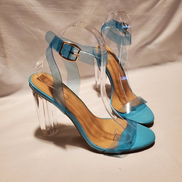 Yoki Chuncky Sandals Clear Heels With Blue Straps Size 10 - Picture 2 of 7